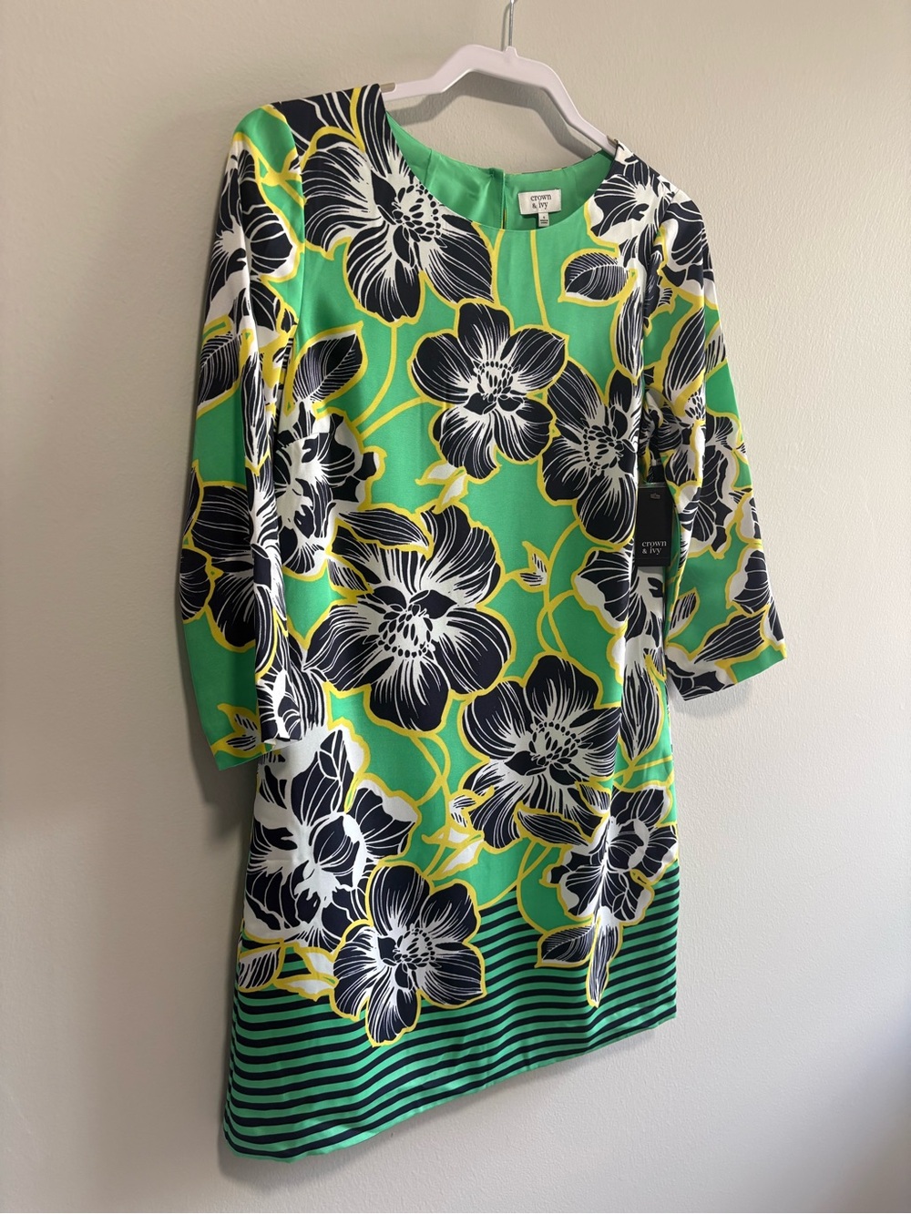 NWT Crown & Ivy Green Floral Shift Dress Size 4 Lined 3/4 Sleeve Preppy Resort - Picture 4 of 10